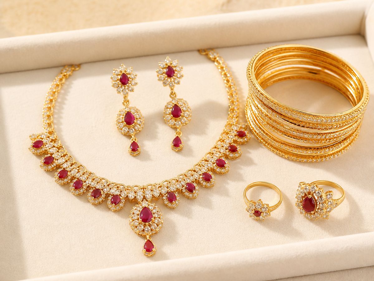 Gold-tone necklace, drop earrings, bangles and rings with red and clear stones