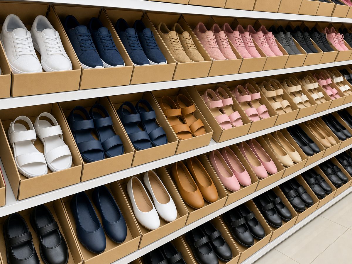 Rows of unbranded joggers, sandals, pumps and school shoes in plain boxes